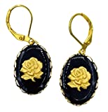 Gold Rose on Black Cameo Goldtone Earrings