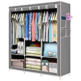 DSFPAKLD Portable Clothes Closet Wardrobe Organizer with 3 Hanging Rods, 6 Storage Shelves & 8 Side Pockets, Grey Oxford Cloth Fabric Cover - 50" L x 18" D x 63" H