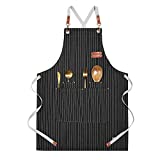 Denim Chef Apron，Women Men Denim Apron Adjustable Leather Straps，4 Pockets，Black Stripes，M-XXL