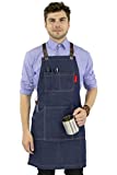 Under NY Sky Essential Blue Denim Apron – Cross-Back with Leather Reinforcement – Adjustable for Men and Women – Pro Chef, Tattoo Artist, Baker, Barista, Bartender, Server Aprons