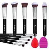 BEAKEY Makeup Brush Set Premium Synthetic Foundation Face Powder Blush Eyeshadow Kabuki Brush Kit, Makeup Brushes with Makeup Sponge and Brush Cleaner (10+2pcs, Black/Silver)