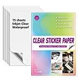 Clear Sticker Paper for Inkjet Printer - 15 Sheets (8.5" x 11") Translucent Waterproof Printable Vinyl Sticker Paper for DIY Personalized Stickers Holds Ink Beautifully & Dries Quickly