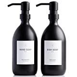 2 Pack Thick Matte Black Glass Soap Dispenser Bottles - 16 Ounce with Pumps and Waterproof Labels for Dispensing Hand Soaps, Dish Soaps, Gels, Creams, Lotions