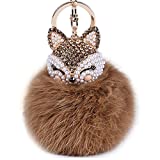Boseen Genuine Rabbit Fur Ball Pom Pom Keychain with A fashion Alloy Fox Head Studded with Synthetic Diamonds(Rhinestone) for Womens Bag Cellphone Car Charm Pendant Decoration(Brown)