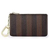 Luxury Zip Key Chain Pouch | Mini Coin Purse Wallet Card Holder with Clasp | for Men Women - Coated Canvas (Brown Stripe)