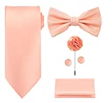 TIE G 5pcs Tie Set in Gift Box : Solid Color Necktie, Satin Bow Tie, Pocket Square, Lapel, Cuff Links (Peach)