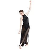 ODASDO Women Lyrical Dance Dress Modern Contemporary Dancewear Sleeveless Halter Backless Shiny Sequins Leotard Bodysuit Mesh Tulle Flowy Maxi Long Skirt Ballet Costume Black XL