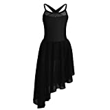 YONGHS Kids Girls Mesh Splice Spaghetti Shoulder Straps Cutout Back Irregular Hem Dance Leotard Dress Modern Dancewear Black 7-8