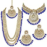 Aheli Indian Wedding Kundan Beaded Heavy Bridal Long Choker Necklace Earrings with Maang Tikka Traditional Jewellery Set for Women (Blue)