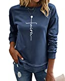 Mansy Womens Cross Letter Printed Crewneck Sweatshirts Casual Funny Graphic Side Split Pullover Shirts Tops Navy