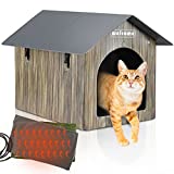 Heated Cat House, Petnf Waterproof Cat House for Indoor Outdoor Cats in Winter, 2 Doors Heated Cat Bed for Outside Feral Cats with Heated Pad, Weatherproof Insulated Kitty House Outdoor Shelter