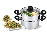 mockins 3 Piece Premium Heavy Duty Stainless Steel Steamer Pot Set Includes 3 Quart Cooking Pot , 2 Quart Steamer Insert and Vented Glass Lid | Stack and Steam Pot Set for All Cooking Surfaces