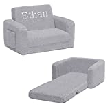 Delta Children Cozee Flip-Out Sherpa 2-in-1 Convertible Chair to Lounger for Kids – Customize with Name, Grey