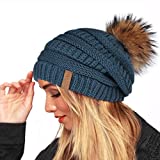 Winter Real Fur Pom Beanie Hat Warm Oversized Chunky Cable Knit Slouch Beanie Hats for Women (One Size, Sailor Blue)¡­
