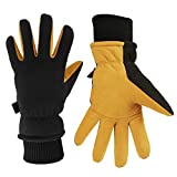Winter Work Gloves Cold Proof Warm Ski Glove for Driving Cycling Hiking Snow Skiing - Deerskin Suede Leather Insulated Polar Fleece Waterproof Windproof Hand Warmer for Men and Women Tan-Black Medium