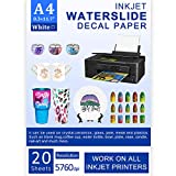Water Slide Decal Paper Inkjet WHITE 20 Sheets A4 Size Premium Water-Slide Transfer Paper Printable Water Slide Decals for Tumblers, Mugs, Glasses DIY