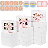 OurWarm 30pcs White Cookies Boxes with Window, 8"x 6"x2.5" Bakery Treat Boxes for Strawberries, Pastries, Muffins, Donuts, 3 Styles with 200pcs Cupcake Liners, 30pcs Stickers and Ribbons