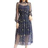 YOUMU Women Summer Chiffon Dress Stars Moon Print Embroidered Skirt Long Puff Sleeve Princess Dress