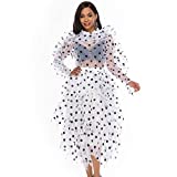 AOMEI Women's Polka Dot 2 Piece Sets Dress Transparent Ruffle Top Blouses Tulle Midi Puffy Skirt