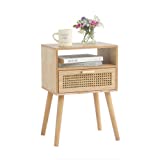 MaxSmeo Modern Nightstand Rattan Side Table with Storage, Farmhouse End Table for Living Room, Bedroom and Small Spaces, Accent Bedside Tables with Solid Wood Legs, Easy Assembly (Natural Walnut)