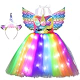 Soyoekbt Unicorn Costume for Girls LED Light Up Unicorn Dress Birthday Party Tutu Princess Dress with Headband Rainbow sequin+White Led 5-6Years