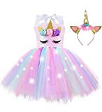 Sequin LED Lighted Unicorn Halloween Costumes for Girls Tutu Dress with Headband Birthday Outfits Gifts Party Decorations Recital Dance Princess Fairy Pink 7 - 8 Years Old