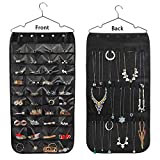 Hanging Jewelry Organizer, Double Sided 40 Pockets and 20 Magic Tape Hook Jewelry Organizer, Necklace Holder Jewelry Chain Organizer for Earrings Necklace Bracelet Ring with Hanger, Black