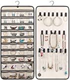 MISSLO Dual-Sided Hanging Jewelry Organizer with 40 Pockets and 20 Hook & Loops Closet Necklace Holder for Earring Bracelet Ring Chain with Rotating Hanger, Beige