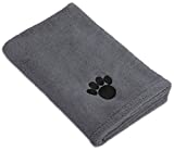 Bone Dry Pet Drying Collection Embroidered Terry Microfiber, Towel X-Large, 41x23.5", Gray with Black Paw Print