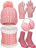 5 Pieces Women Winter Ski Outing Set, Knit Hat Scarf Gloves Earmuffs Stockings (Pink Series Colors)
