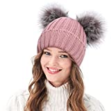 Arctic Paw Womens Winter Hats Cable Knit Beanie with Faux Fur Pompom Ears Pink