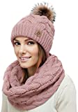 Winter Knit Pom Beanie Hat Scarf Set Women Cute Soft Warm Infinity Scarves (Pink Fleece Lined pom pom)