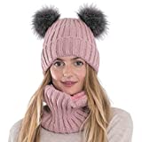 Arctic Paw Womens Girls Knit Beanie Hat Scarf Set Soft Warm Fleece Lined Scarf Winter Hat with Pompom Pink