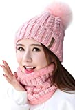 IYEBRAO Womens Winter Knit Beanie Hat Scarf Set for Girl Slouchy Thick Fleece Lined Ski Hat Warm Skull Cap with Pom (Pink)