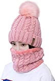 ZEXIAN Womens Girls Winter Warm Pom Knit Ski Beanie Hat and Scarf Set(Pink)