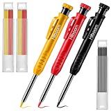 Hiboom 3 Pieces Solid Carpenter Pencil with 21 Refill Red Yellow Gray, Long Nosed Deep Hole Mechanical Pencil Marker Marking Tool with Built in Sharpener for Carpenter (Yellow, Red, Black Cover)