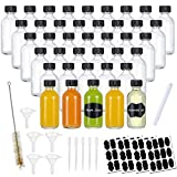 40Pack Small Clear Glass Bottles with Poly Cone Caps - 2Oz Boston Round Sample Glass Bottles-including Label Funnel Dropper Brush & Chalk Marker for Juice Ginger Shots Oils Whiskey Liquids