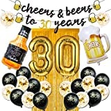 30th Birthday Decorations for Him, 30 Years Birthday Decorations with 40 Inch Gold Number Balloons, Banner, 30 Sign Latex Balloon, Fringe Curtains and Cups Foil Balloons