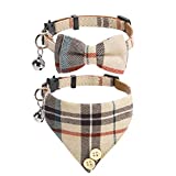 Bow Tie Cat Collar Bandana - 2 Packs Classic Plaid Check Ginham Cat Collars with Scarf and Bow Tie - Adjustable Size with Bell - Perfect for Cats Puppy Small Dogs