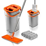 Worthland Mop and Bucket with Wringer Set for Floor Cleaning with 4 Reusable Microfiber Pads Hands Free Floor Flat Mop Stainless Steel Handle Household Cleaning Tool