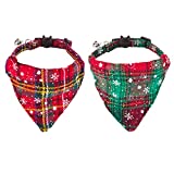 ADOGGYGO Christmas Cat Bandana Collars Breakaway with Bell, 2 Pack Adjustable Cat Collar with Removable Bandana, Cat Christmas Collar for Kittens Cats (Red & Green & White)