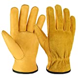 OZERO Leather Work Gloves Flex Grip Tough Cowhide Gardening Glove for Wood Cutting/Construction/Truck Driving/Garden/Yard Working for Men and Women 1 Pair (Gold,Medium)