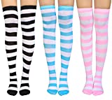 Chalier 3 Pairs Womens Long Striped Socks Over Knee Thigh High Socks Stocking, Wide Stripes, One Size