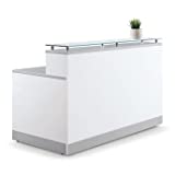 NBF Signature Series Esquire Reception Desk - Glass Top, White & Silver Laminate Desk 63”Wx32”D