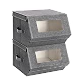 SONGMICS Stackable Storage Bins, Clear Front Windows, Fabric Storage Boxes with Lids, Stackable Storage Cubes with Magnetic Closures, Lid Can Stay Open After Stacked up, Set of 2, Gray URPLB02G