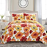 Lush Decor - 16T005050 Leah Quilt Floral 3 Piece Reversible, Full/Queen, Red & Orange