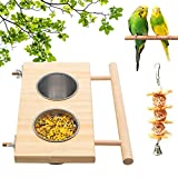 Bird Feeding Dish Cups,Hanging Stainless Steel Parrot Cage Feeder & Water Bowl with Wooden Platform for Parakeet Cockatiels Lovebirds Budgie