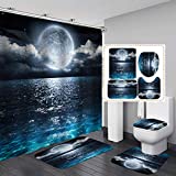 Yuaobeimei Full Moon Illumination in Night Cloudy Sky Reflected in the Sea Picture 3D Print Shower Curtain Set 4 Pieces Blue Bathroom Set Bath Decor with Mat Rug Red