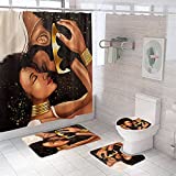 SHAOSAI 4 Pcs African King and Queen Shower Curtain Set, Fall in Love Black Couple Bathroom Sets with 12 Hooks, Durable Waterproof Fabric Gold African Shower Curtains for Bathroom