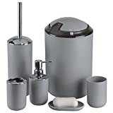 IMAVO Bathroom Accessories Set, 6-Piece Plastic Gift Set, Toothbrush Holder, Toothbrush Cup, soap Dispenser, soap Dish, Toilet Brush Holder, Trash can (Grey)